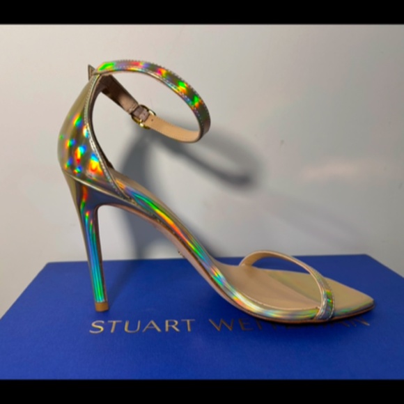 Stuart Weitzman Nudistcurve 100 Hologram Gold Patent Leather Sandals EU 36.5/US6 - Picture 2 of 16